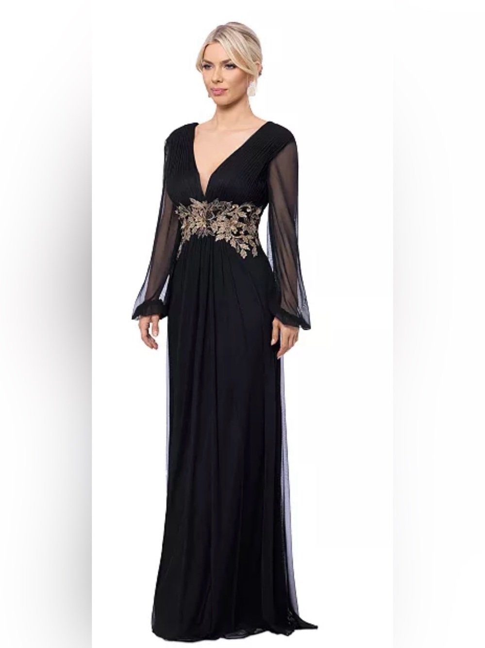 Betsy & Adam Black Plunge-Neck Blouson-Sleeve Gown Sz 8 - Picture 2 of 9